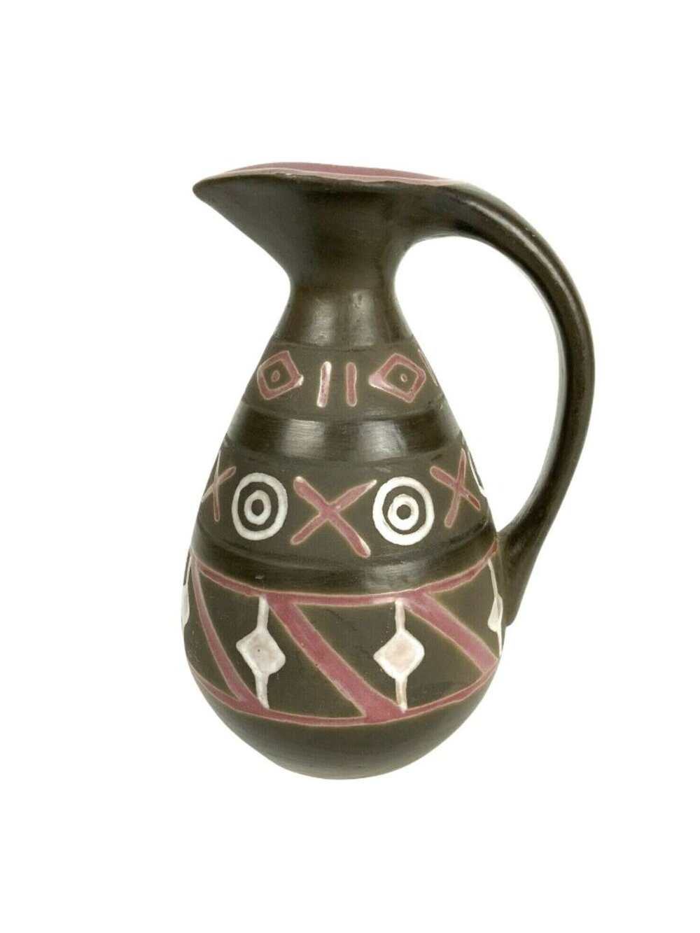 Art Pottery Boho Style Ceramic Oil Syrup Pitcher Brown & Red Graphic Design